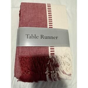 Barn Red Dobby Stripe Ribbed Table Runner Tassel Edges Farmhouse Decor 13x72 NEW